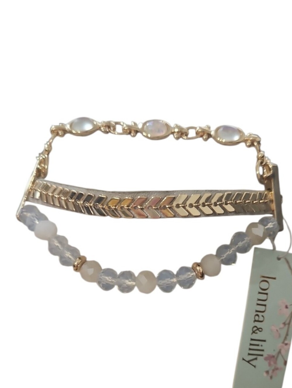 lonna & lilly NWT Layered Multi Strand Bracelet Gold Chevron Beaded Moonstone